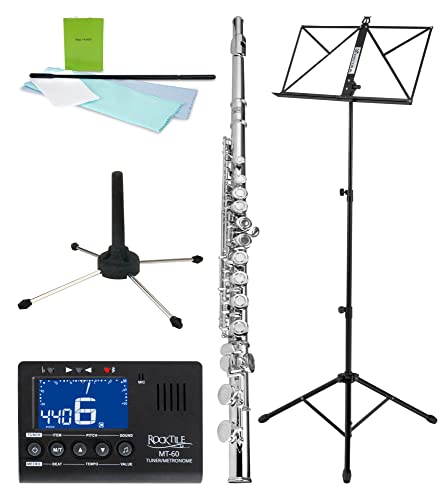 Classic Cantabile FL-200 Querflöte Komplett Set - aus Neusilber - Geschlossene Klappen - Stimmung C - Inklusive Wischerstab und Etui - Spar-Set inkl. Ständer, Metro-Tuner, Notenständer & Reinigungsset von Classic Cantabile