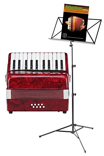 Classic Cantabile Secondo Kinder Akkordeon 8 Bass Set (Kinder-Akkordeon mit 8 Bässen, inkl. Gurt, Tasche, Notenständer & Schule) Rot von Classic Cantabile