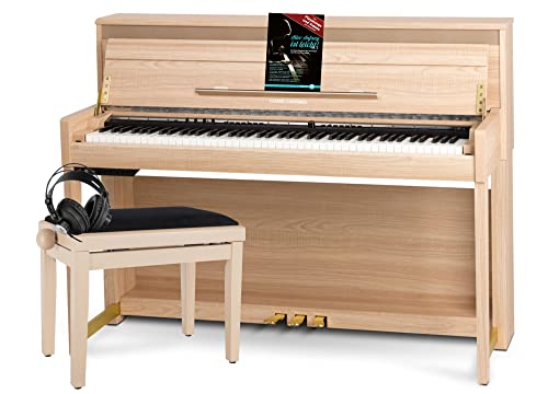 Classic Cantabile UP-1 LA E-Piano Deluxe Set - inklusive Pianobank, Kopfhörer und Klavierschule - Dämpfersimulation - MP3-Recorder - Mic In - OLED Display - 40 Sounds - 3 Pedale - helle Eiche von Classic Cantabile