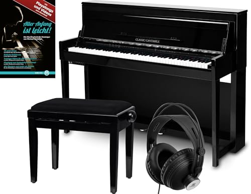 Classic Cantabile UP-1 SH E-Piano Deluxe Set (inkl. Pianobank, Kopfhörer und Klavierschule, Dämpfersimulation, MP3-Recorder, Mic In, OLED Display, 40 hochwertige Sounds, 3 Pedale) schwarz hochglanz von Classic Cantabile