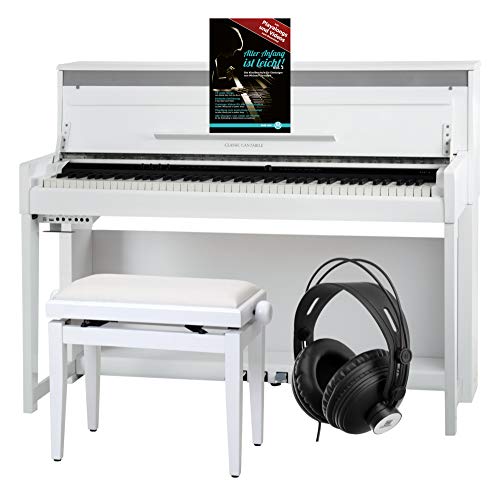 Classic Cantabile UP-1 WH E-Piano Deluxe Set (inklusive Pianobank, Kopfhörer und Klavierschule, Dämpfersimulation, MP3-Recorder, Mic In, OLED Display, 40 hochwertige Sounds, 3 Pedale) weiß hochglanz von Classic Cantabile