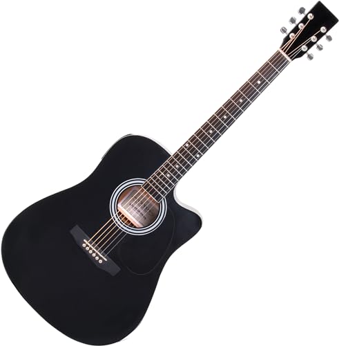 Classic Cantabile WS-10BK-CE Westerngitarre mit Tonabnehmer (Akustik und verstärkt, Dreadnought, Cutaway, 3-Band EQ + Presence, Stimmgerät Tuner mit LCD, XLR und Klinke) schwarz Hochglanz von Classic Cantabile