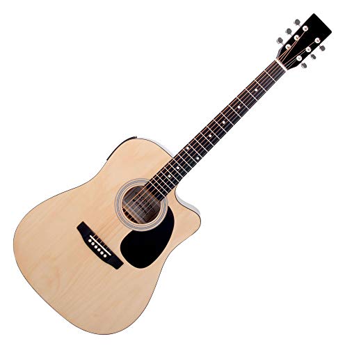 Classic Cantabile WS-10NAT-CE Westerngitarre mit Tonabnehmer (Akustik und verstärkt, Dreadnought, Cutaway, 3-Band EQ + Presence, Stimmgerät Tuner mit LCD, XLR und Klinke) natur Hochglanz von Classic Cantabile