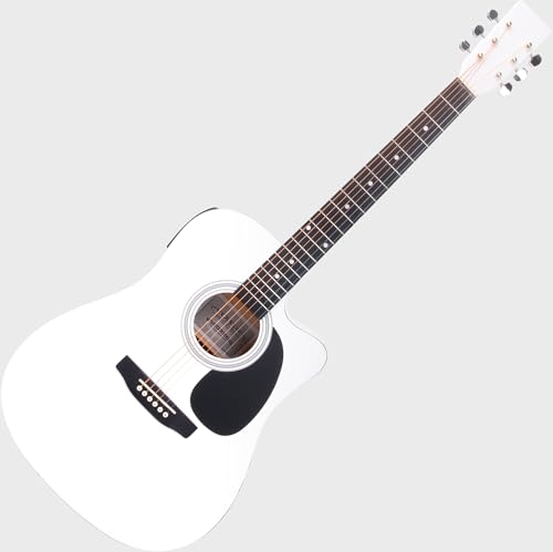 Classic Cantabile WS-10WH-CE Westerngitarre mit Tonabnehmer (Akustik und verstärkt, Dreadnought, Cutaway, 3-Band EQ + Presence, Stimmgerät Tuner mit LCD, XLR und Klinke) weiß Hochglanz von Classic Cantabile