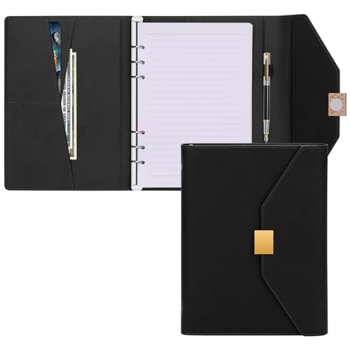 A5 Leder Nachfüllbar Ringbuch mit Magnetschnalle - 6 Ringe Binder mit Nachfüllpapier und Karte, Stiftschacht - Leder Planer Notizbuch mit Hardware Magnetic Schließen, Ringbuch (Schwarz) von Classycoo
