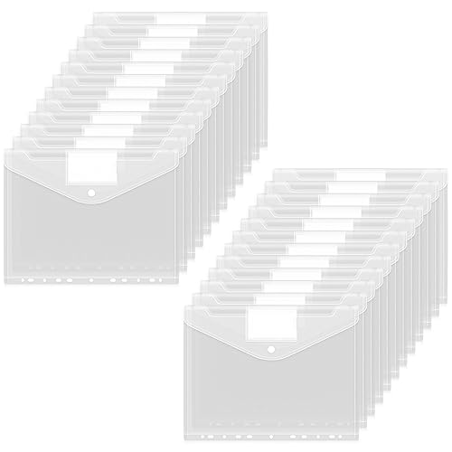Classycoo Dokumententasche A4,24 Stück Dokumentenmappe A4 Transparent,A4 Sichttasche Dokumenten Sammelmappen Tasche mit 11 Lochrand und Etikettentasche für Organisieren von Dokumenten (Weiß) von Classycoo
