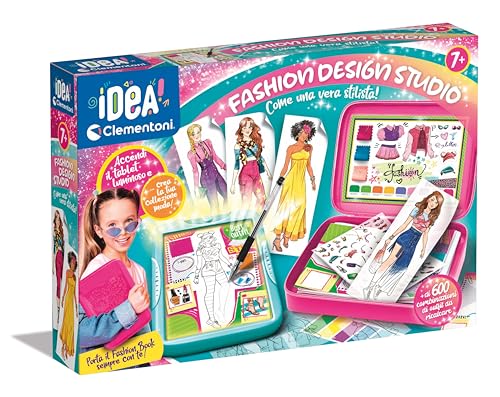 Clementoni Idea-Fashion Designer Leuchttafel, Bekleidungsset, kreatives Spielzeug für Mädchen, 6 Jahre, mehrfarbig, klappbarer Ständer, leichte Oberseite, Zeichnungen, Muster und Stift von Clementoni