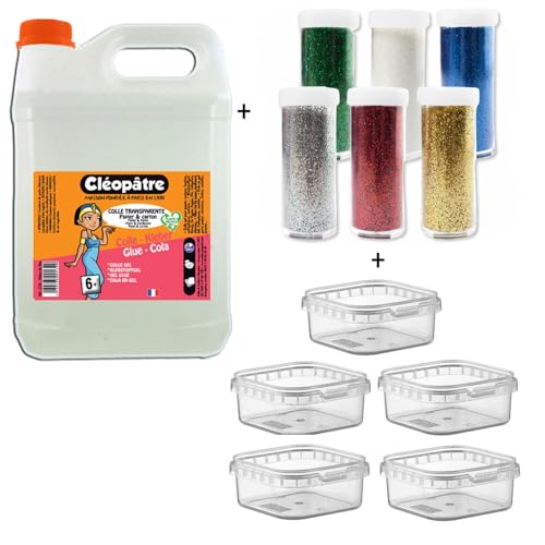 Cléopatre - Set Transparenter Kleber 2kg + 6 Glittertuben + 5 Aufbewahrungsboxen - Kleber, Lösungsmittelfrei, Reinigung mit Wasser - Ab 6 Jahren von Cléopâtre