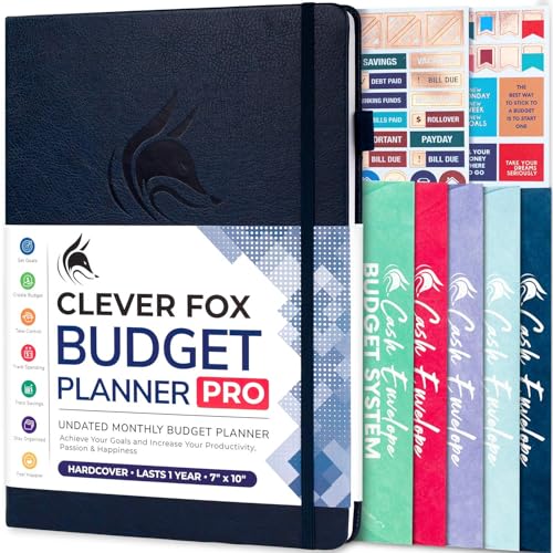 Clever Fox Budget Planner PRO – Finanz-Organizer + Geldumschläge, monatliches Finanzjournal, Ausgaben-Tracker & persönliches Kontobuch, undatiert, 18 x 25,5 cm, Dunkelblau von Clever Fox