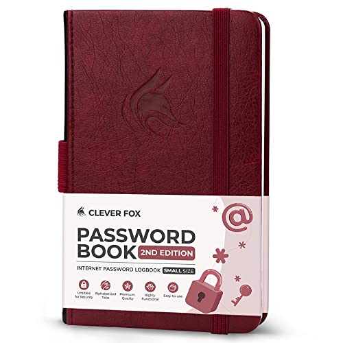 Clever Fox Passwortbuch, 2. Auflage, klein, Taschen-Passworthalter mit laminierten alphabetischen Registern, Internet-Adress-Notizbuch und Login-Details, Organizer-Tagebuch, 8,9 x 14,2 cm, Weinrot von Clever Fox