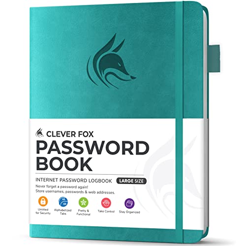 Clever Fox Passwortbuch mit Registerkarten - Adress- und Passwort-Organisationsbuch mit alphabetischen Registerkarten - Großes Passwortbuch für Computer- und Website-Logins, Aquamarin von Clever Fox