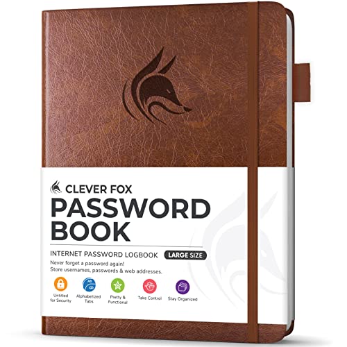 Clever Fox Passwortbuch mit Registerkarten - Adress- und Passwort-Organisationsbuch mit alphabetischen Registerkarten - Großes Passwortbuch für Computer- und Website-Logins, Braun von Clever Fox