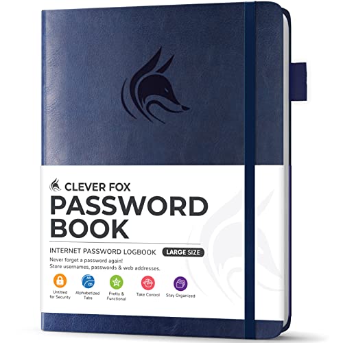 Clever Fox Passwortbuch mit Registerkarten - Adress- und Passwort-Organisationsbuch mit alphabetischen Registerkarten - Großes Passwortbuch für Computer- und Website-Logins, Dunkel Blau von Clever Fox
