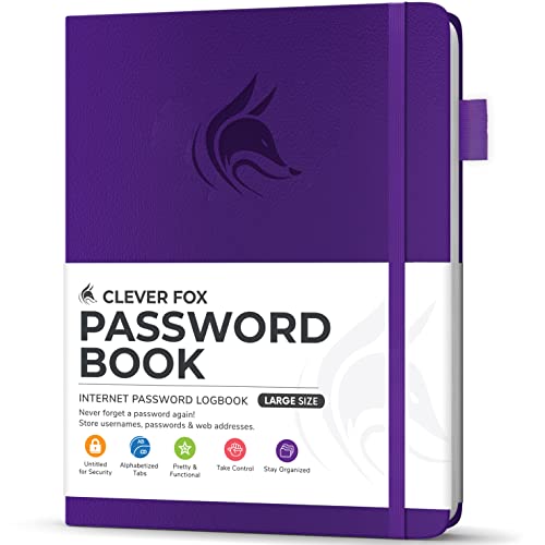 Clever Fox Passwortbuch mit Registerkarten - Adress- und Passwort-Organisationsbuch mit alphabetischen Registerkarten - Großes Passwortbuch für Computer- und Website-Logins, Lila von Clever Fox