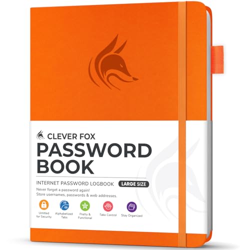 Clever Fox Passwortbuch mit Registerkarten - Adress- und Passwort-Organisationsbuch mit alphabetischen Registerkarten - Großes Passwortbuch für Computer- und Website-Logins, Orange von Clever Fox