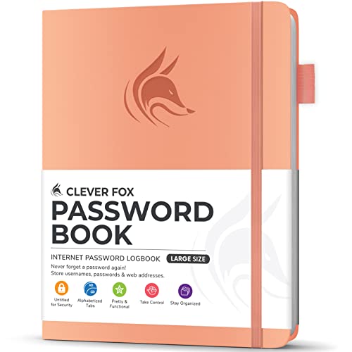 Clever Fox Passwortbuch mit Registerkarten - Adress- und Passwort-Organisationsbuch mit alphabetischen Registerkarten - Großes Passwortbuch für Computer- und Website-Logins, Pfirsichrosa von Clever Fox