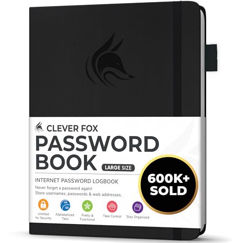 Clever Fox Passwortbuch mit Registerkarten - Adress- und Passwort-Organisationsbuch mit alphabetischen Registerkarten - Großes Passwortbuch für Computer- und Website-Logins, Schwarz von Clever Fox