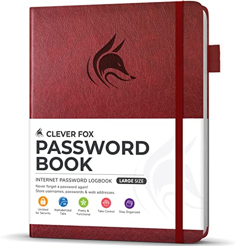 Clever Fox Passwortbuch mit Registerkarten - Adress- und Passwort-Organisationsbuch mit alphabetischen Registerkarten - Großes Passwortbuch für Computer- und Website-Logins, Weinrot von Clever Fox