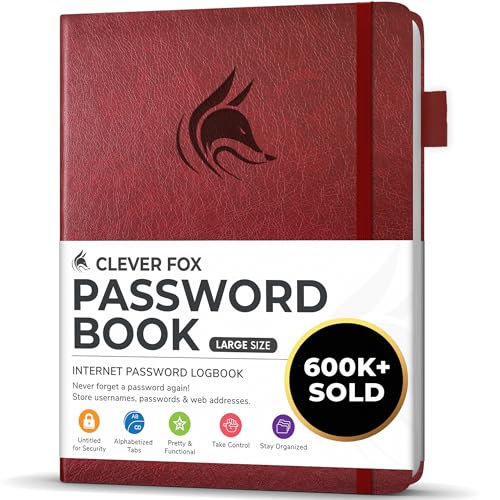 Clever Fox Passwortbuch mit Registerkarten - Adress- und Passwort-Organisationsbuch mit alphabetischen Registerkarten - Großes Passwortbuch für Computer- und Website-Logins, Weinrot von Clever Fox