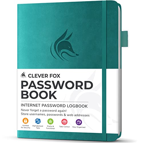 Clever Fox Passwortbuch mit Registerkarten - Adress- und Passwort-Organisationsbuch mit alphabetischen Registerkarten - Kleines Passwortbuch für Computer- und Website-Logins, Aquamarin von Clever Fox
