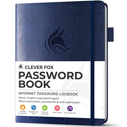 Clever Fox Passwortbuch mit Registerkarten - Adress- und Passwort-Organisationsbuch mit alphabetischen Registerkarten - Kleines Passwortbuch für Computer- und Website-Logins, Dunkel Blau von Clever Fox