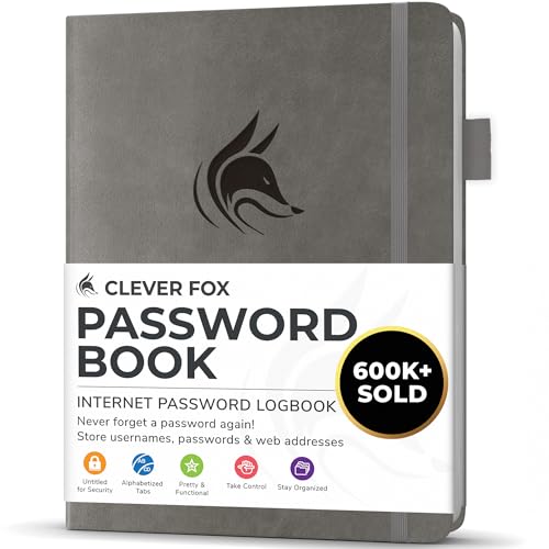 Clever Fox Passwortbuch mit Registerkarten - Adress- und Passwort-Organisationsbuch mit alphabetischen Registerkarten - Kleines Passwortbuch für Computer- und Website-Logins, Grau von Clever Fox