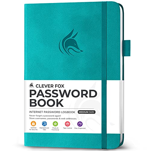 Clever Fox Passwortbuch mit Registerkarten - Adress- und Passwort-Organisationsbuch mit alphabetischen Registerkarten - Mittelgroßes Passwortbuch für Computer- und Website-Logins, Aquamarin von Clever Fox