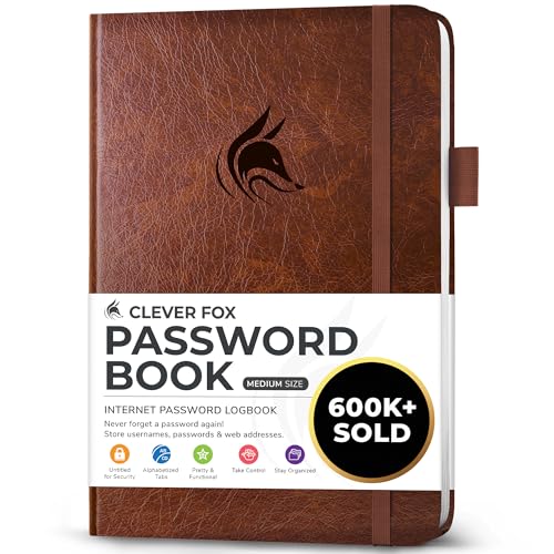 Clever Fox Passwortbuch mit Registerkarten - Adress- und Passwort-Organisationsbuch mit alphabetischen Registerkarten - Mittelgroßes Passwortbuch für Computer- und Website-Logins, Braun von Clever Fox