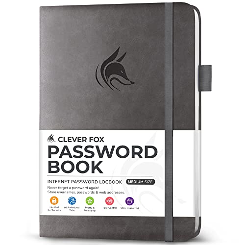 Clever Fox Passwortbuch mit Registerkarten - Adress- und Passwort-Organisationsbuch mit alphabetischen Registerkarten - Mittelgroßes Passwortbuch für Computer- und Website-Logins, Grau von Clever Fox