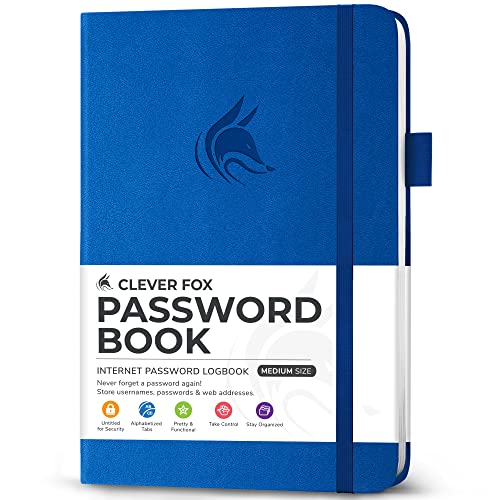 Clever Fox Passwortbuch mit Registerkarten - Adress- und Passwort-Organisationsbuch mit alphabetischen Registerkarten - Mittelgroßes Passwortbuch für Computer- und Website-Logins, Königsblau von Clever Fox