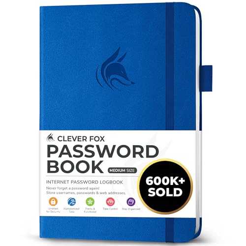 Clever Fox Passwortbuch mit Registerkarten - Adress- und Passwort-Organisationsbuch mit alphabetischen Registerkarten - Mittelgroßes Passwortbuch für Computer- und Website-Logins, Königsblau von Clever Fox