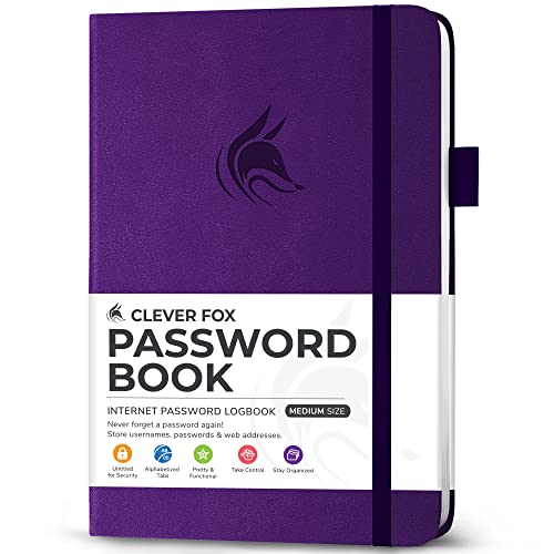 Clever Fox Passwortbuch mit Registerkarten - Adress- und Passwort-Organisationsbuch mit alphabetischen Registerkarten - Mittelgroßes Passwortbuch für Computer- und Website-Logins, Lila von Clever Fox