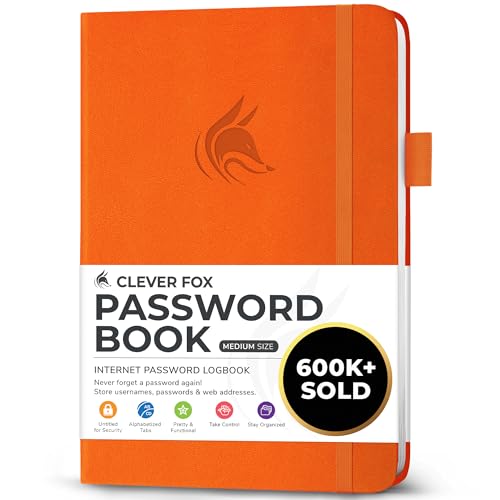Clever Fox Passwortbuch mit Registerkarten - Adress- und Passwort-Organisationsbuch mit alphabetischen Registerkarten - Mittelgroßes Passwortbuch für Computer- und Website-Logins, Orange von Clever Fox