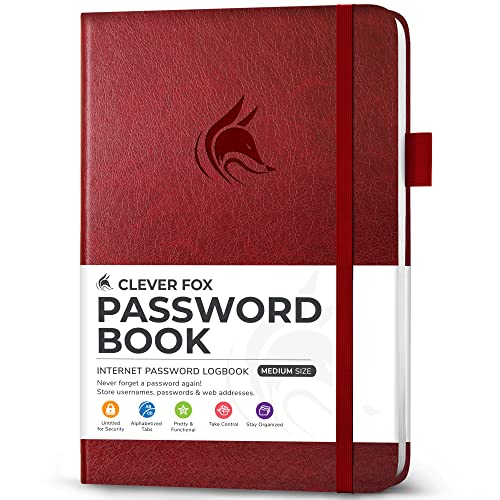 Clever Fox Passwortbuch mit Registerkarten - Adress- und Passwort-Organisationsbuch mit alphabetischen Registerkarten - Mittelgroßes Passwortbuch für Computer- und Website-Logins, Weinrot von Clever Fox