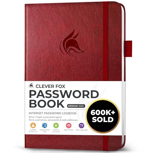 Clever Fox Passwortbuch mit Registerkarten - Adress- und Passwort-Organisationsbuch mit alphabetischen Registerkarten - Mittelgroßes Passwortbuch für Computer- und Website-Logins, Weinrot von Clever Fox