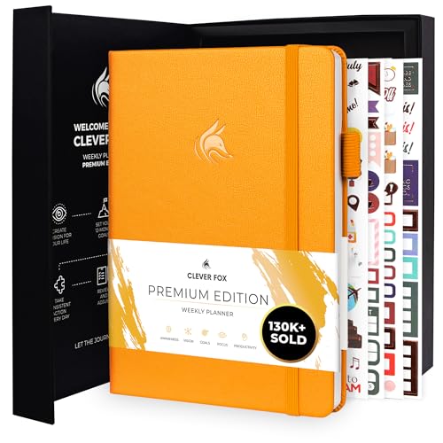 Clever Fox Planer Premium Edition - Luxuriöser Wochen & Monatsplaner zur Produktivitätssteigerung und zum Erreichen Ihrer Ziele - Organizer - Undatiert, Start jederzeit möglich, A5 - Bernsteingelb von Clever Fox