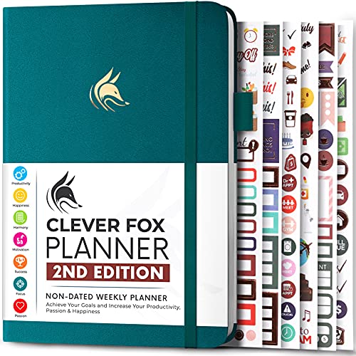 Clever Fox Planner 2. Auflage - Farbenfroher Planer für Wöchentliche und Monatliche Ziele, Zeitmanagement und Produktivität (Dunkelblaugrün (Undatiert), A5 (14.5 X 21cm) Englisch) von Clever Fox