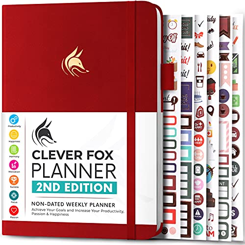 Clever Fox Planner 2. Auflage - Farbenfroher Planer für Wöchentliche und Monatliche Ziele, Zeitmanagement und Produktivität (Rot (Undatiert), A5 (14.5 X 21cm) Englisch) von Clever Fox