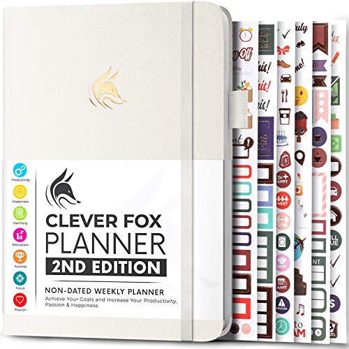 Clever Fox Planner 2. Auflage - Farbenfroher Planer für Wöchentliche und Monatliche Ziele, Zeitmanagement und Produktivität (Weiß (Undatiert), A5 (14.5 X 21cm) Englisch) von Clever Fox