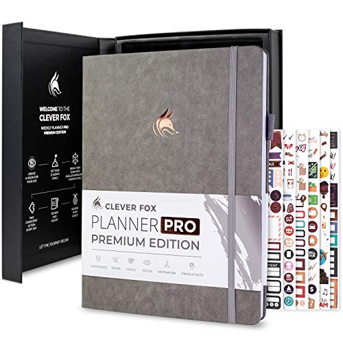 Clever Fox Planner PRO Premium Edition - Luxuriöser Wochen- und Monatsplaner + Budgetplaner für Produktivität und Zielerreichung, undatiert, Aufbewahrungsbox, reicht für 1 Jahr, Grau von Clever Fox