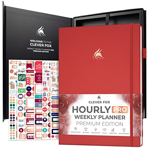 Clever Fox Stundenplaner PRO Premium – undatierter Terminplaner mit täglichen Zeitschlitzen – persönliches Organizer-Notizbuch für Zeitmanagement – Wochen- und Monats-Journal, A4-Größe (rot) von Clever Fox