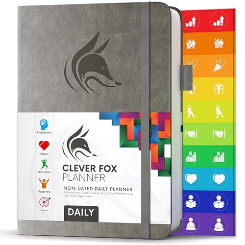Clever Fox Tagesplaner - Bester Agenda & Tageskalender zur Steigerung deiner Produktivität, Zufriedenheit und Ziele - Persönlicher Tagesorganisator - A5, Undatiert - Grau (Englisch) von Clever Fox