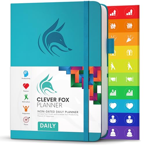 Clever Fox Tagesplaner - Bester Agenda & Tageskalender zur Steigerung deiner Produktivität, Zufriedenheit und Ziele - Persönlicher Tagesorganisator - A5, Undatiert - Türkis (Englisch) von Clever Fox