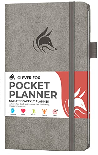 Clever Fox Taschenplaner Wochenkalender - Monatlicher Zielplaner und Kalender zur Steigerung der Produktivität, Miniplaner perfekt für Geldbörse, undatiert - jederzeit starten, hält 1 Jahr - grau von Clever Fox
