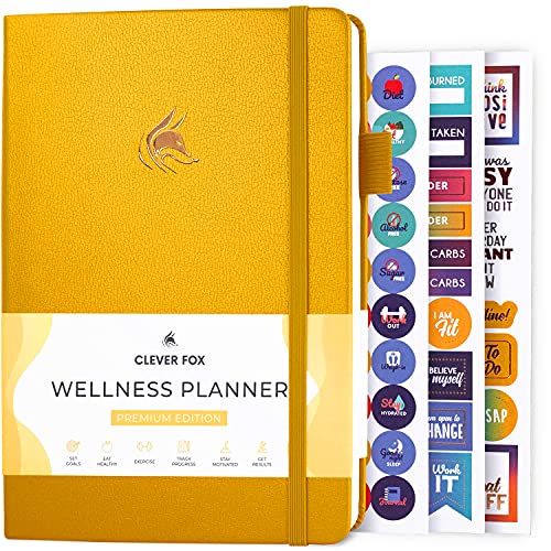 Clever Fox - Wellness-Planer – Wöchentliches & Tägliches Gesundheits- Wellness-Protokoll, Ernährungstagebuch & Mahlzeitenplaner zum Kalorienzählen, Notizbuch Verfolgung von Erkrankungen, Bernsteingelb von Clever Fox