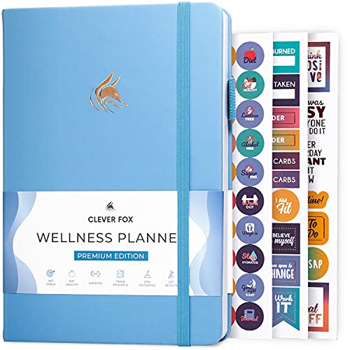 Clever Fox - Wellness-Planer – Wöchentliches & Tägliches Gesundheits- Wellness-Protokoll, Ernährungstagebuch & Mahlzeitenplaner zum Kalorienzählen, Notizbuch Verfolgung von Erkrankungen, A5, Hellblau von Clever Fox