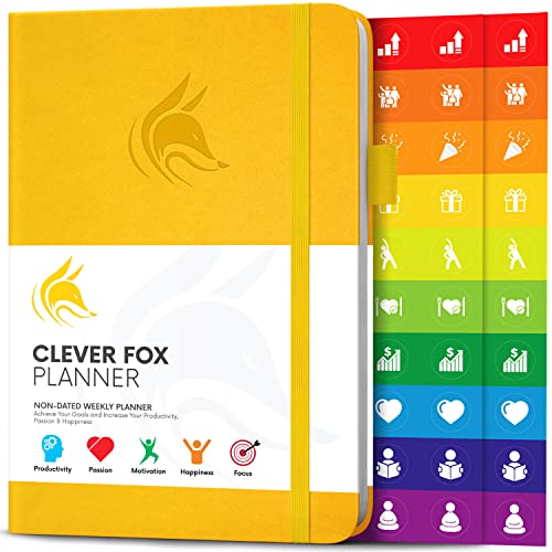 Der Clever Fox Planer - Kalender Notizbuch Organizer Tagebuch zur Steigerung von Produktivität, Motivation, Achtsamkeit, Glück, Erfolg und Zielerreichung, Undatiert, A5 - Bernsteingelb von Clever Fox