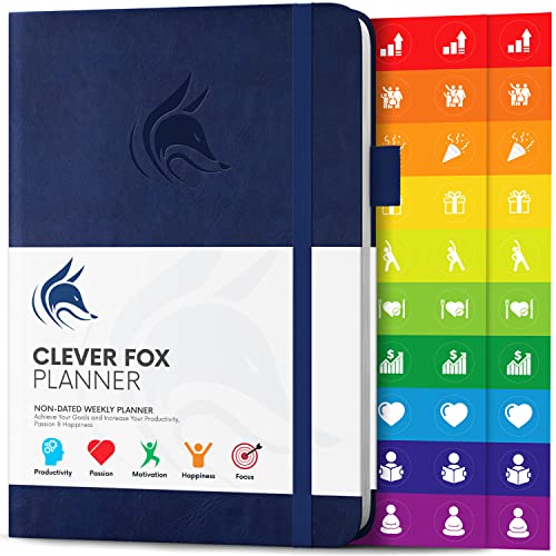 Der Clever Fox Planer - Kalender Notizbuch Organizer Tagebuch zur Steigerung von Produktivität, Motivation, Achtsamkeit, Glück, Erfolg und Zielerreichung, Undatiert, A5 - Dunkel Blau von Clever Fox