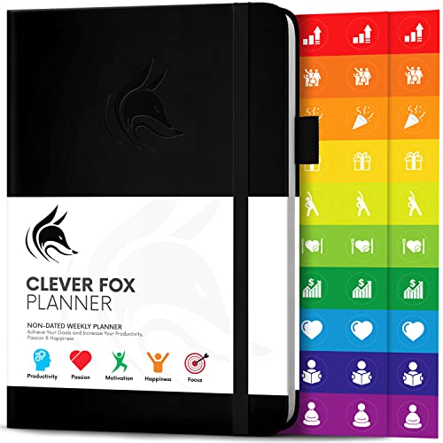 Der Clever Fox Planer - Kalender Notizbuch Organizer Tagebuch zur Steigerung von Produktivität, Motivation, Achtsamkeit, Glück, Erfolg und Zielerreichung, Undatiert, A5 - Schwarz von Clever Fox