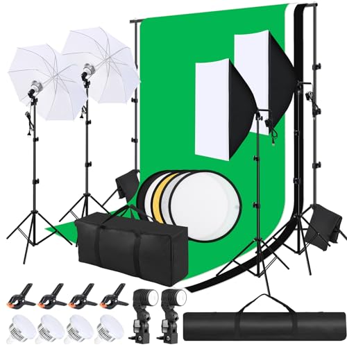 Softbox Set, LED Softboxen Profi Fotostudio Set, 2,6 x 3M Hintergrund mit Lampenstativ, Weißer Soft Light Umbrella, Reflektor für Porträts, Produktfotografie und Videoaufnahme von Clevich